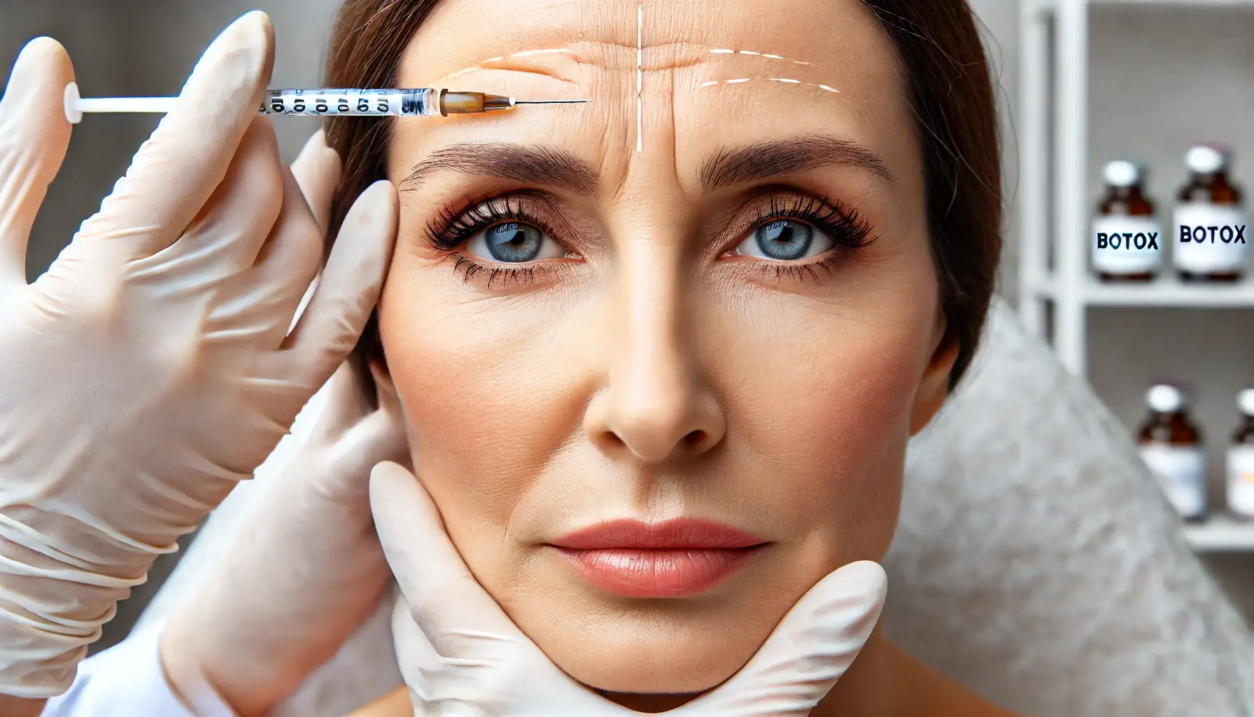 بیمار در حال حفظ آرامش در روز تزریق بوتاکس در یک کلینیک زیبایی حرفه‌ای.