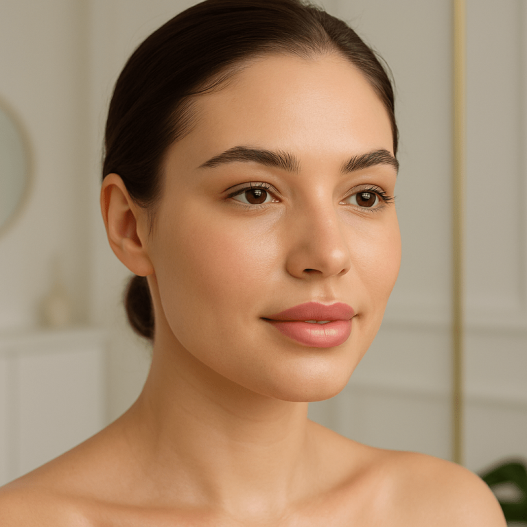 تصویر زنی جوان با پوست صاف و درخشان، لب‌ها و گونه‌هایی که به‌طور طبیعی با فیلر ریوانس حجم گرفته‌اند. نور ملایم صورت را برجسته کرده و پس‌زمینه‌ای مدرن با رنگ‌های سفید و طلایی حس حرفه‌ای بودن را منتقل می‌کند